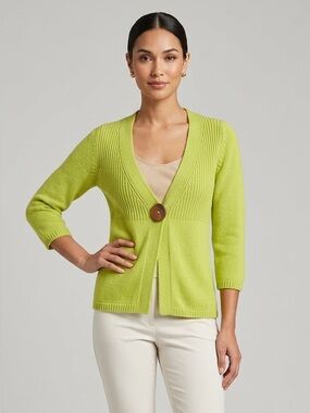 Boden Big Wood Button Chunky Knit 3/4 Sleeve Cardigan Sweater Size 2 Lime Green